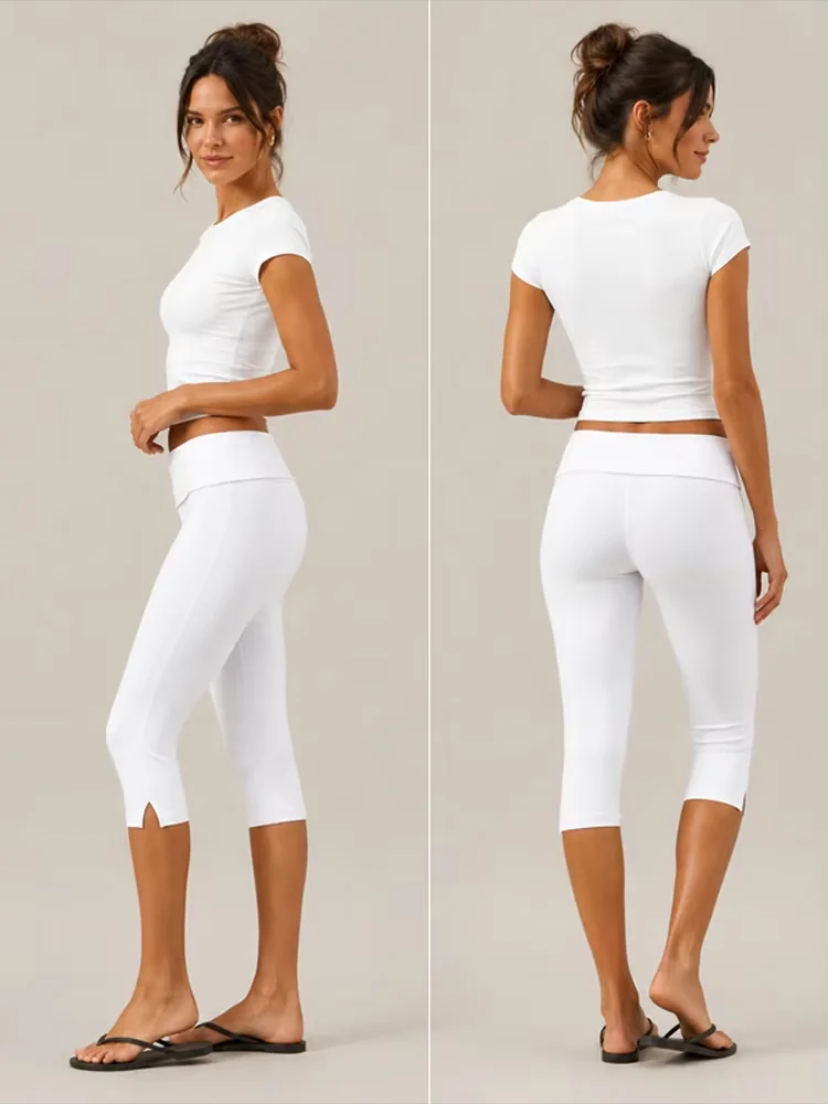 Low-Waisted Minimalist Tight Pants for Women, Solid Color Folding Waistband, Cropped Pants, Casual Summer Street Wear, yoga Pant