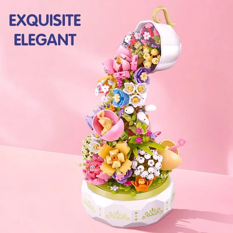 Décennie s de construction de fleurs pour enfants, tasse à thé, éclairage, boîte à musique, cascade, bouquet de fleurs, briques modèles bricolage, jouets pour enfants, cadeaux de vacances, 575 pièces