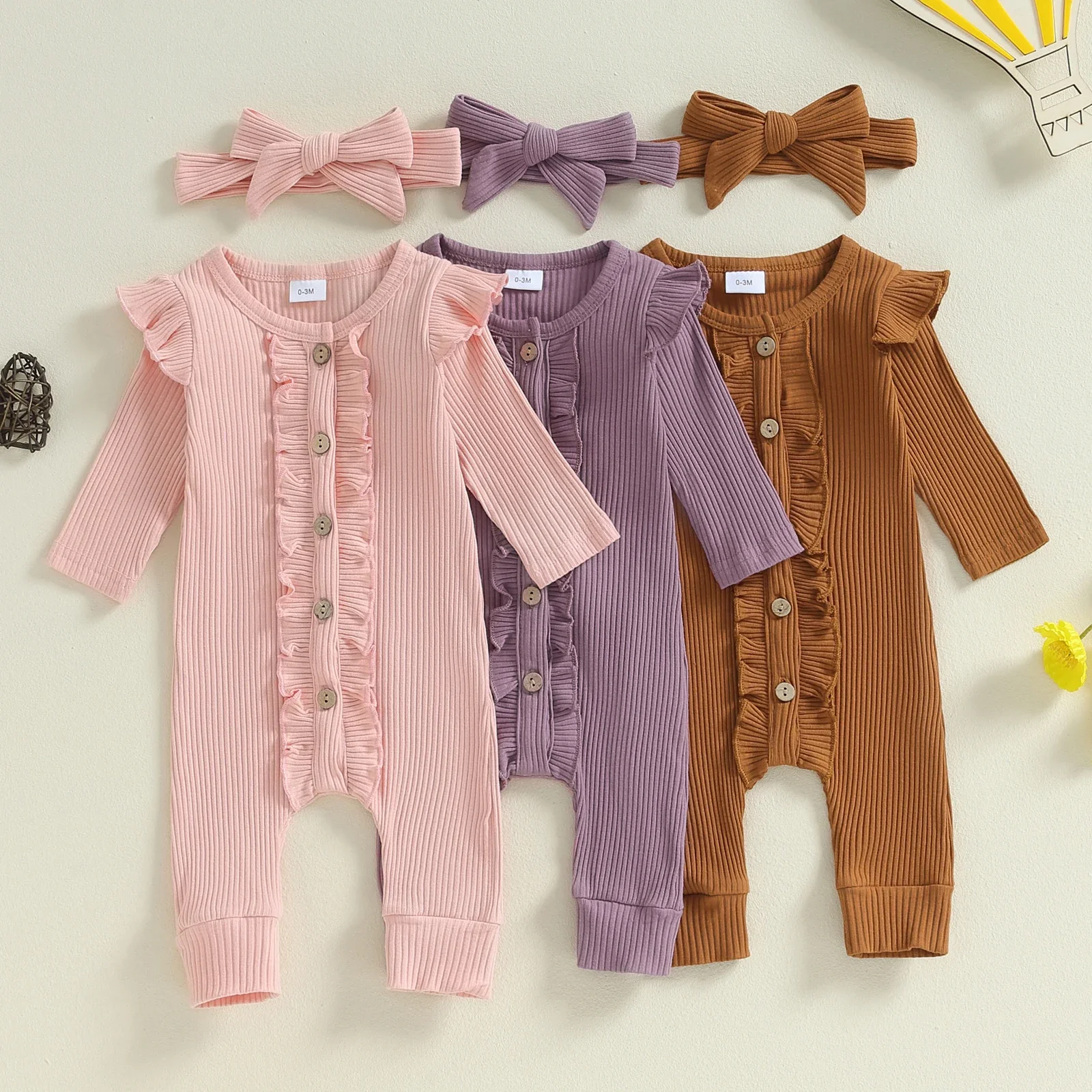 

Tregren 0-18M Newborn Infant Toddler Baby Girl Jumpsuit Knit Ruffle Button Romper Headband Fall Spring Clothing Outfit