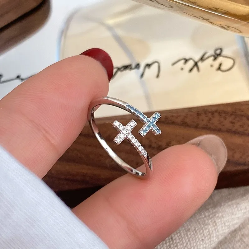 

VENTFILLE 925 Sterling Silver Cross Ring for Women Cool Blue Crystal Classics Office Ins Jewelry Gift Dropshipping Wholesale