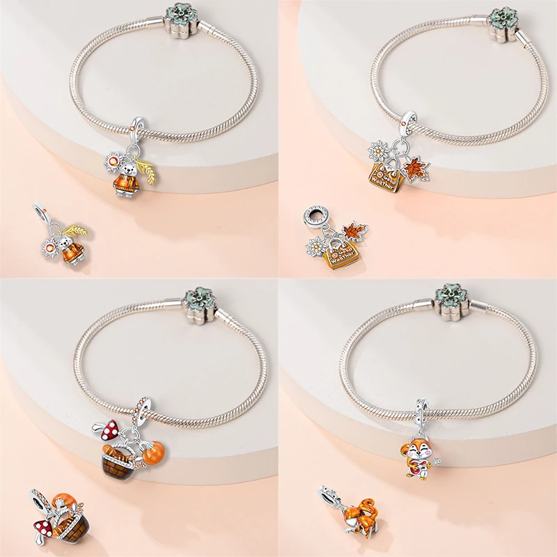 Autumn New 925 Sterling Silver Brown Maple Leaf Pumpkin Bee Charms Bead Fit 3mm 925 Original Bracelets DIY Jewelry Warm Gift