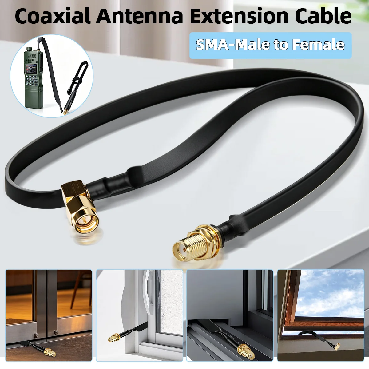 ABBREE Ultra Thin Antenna Flat Coaxial Extension Cable For Baofeng Quansheng Radtel Walkie Talkie&Window/Door Pass Through