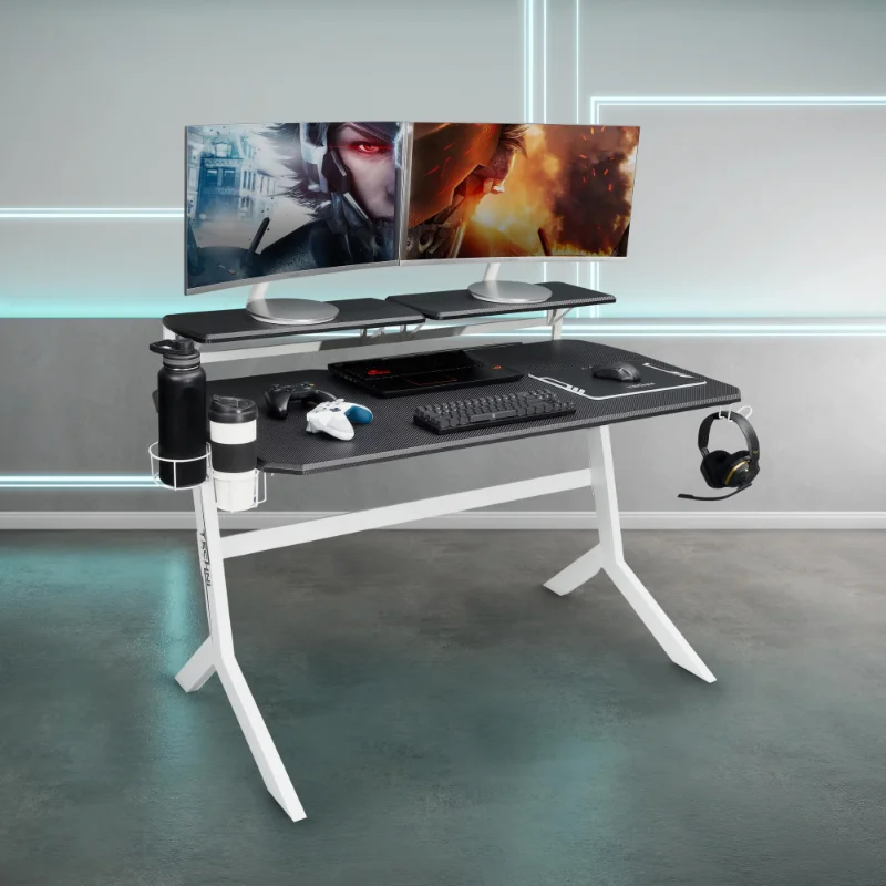 Techni Sport Blue Stryker Gaming Desk con soporte para auriculares y estantería