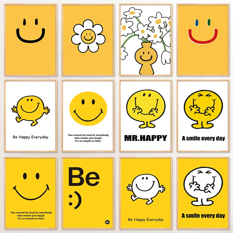 Nordic Simple Cute Smiley Face Posters and Prints Smile Happy Yellow Wall Art HD Pictures Canvas Painting Living Room Home Decor