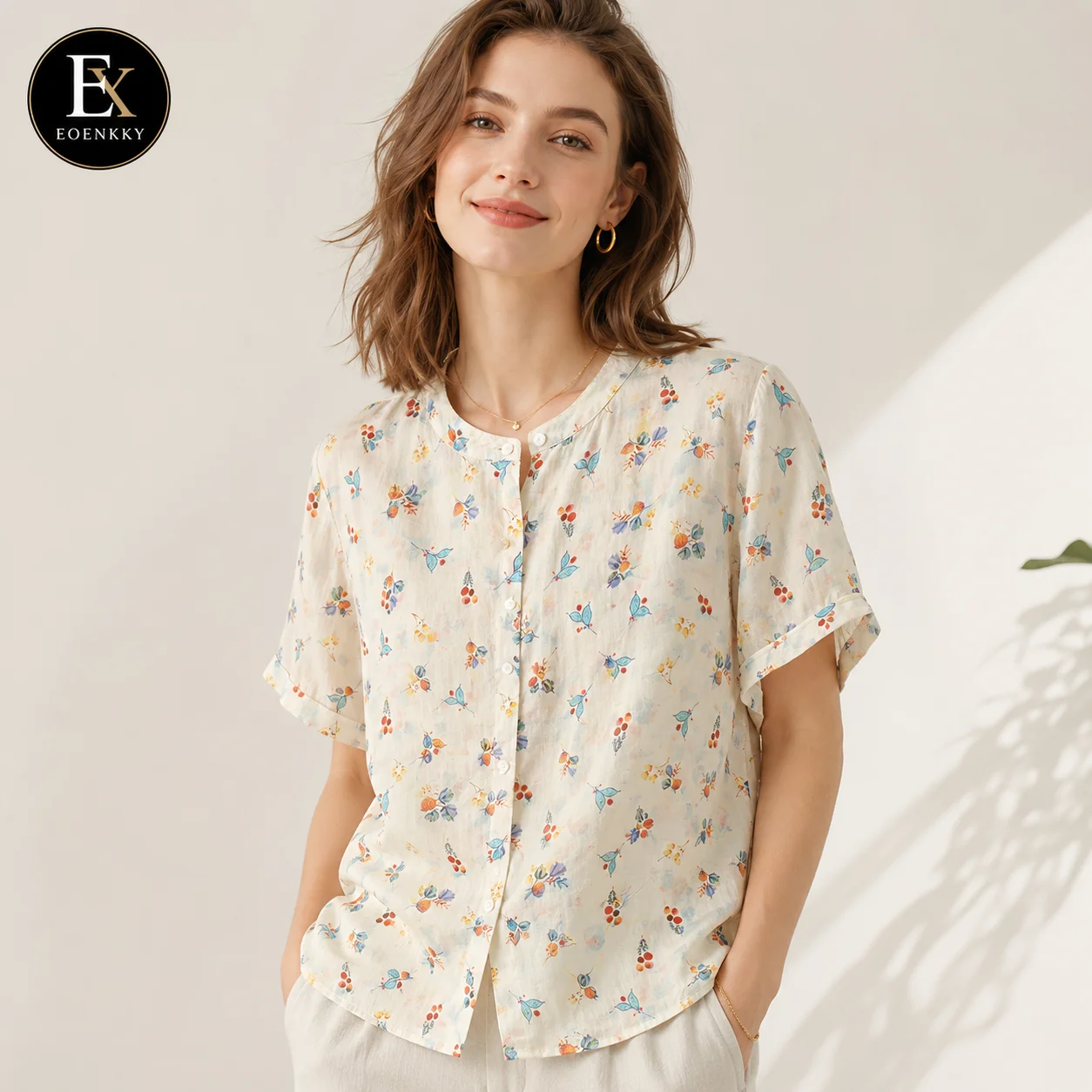 EOENKKY Women Floral Print Cotton Linen Blouse Short Sleeve Button Front Shirt Loose Fit Round Neck Summer Casual Vintage Tops