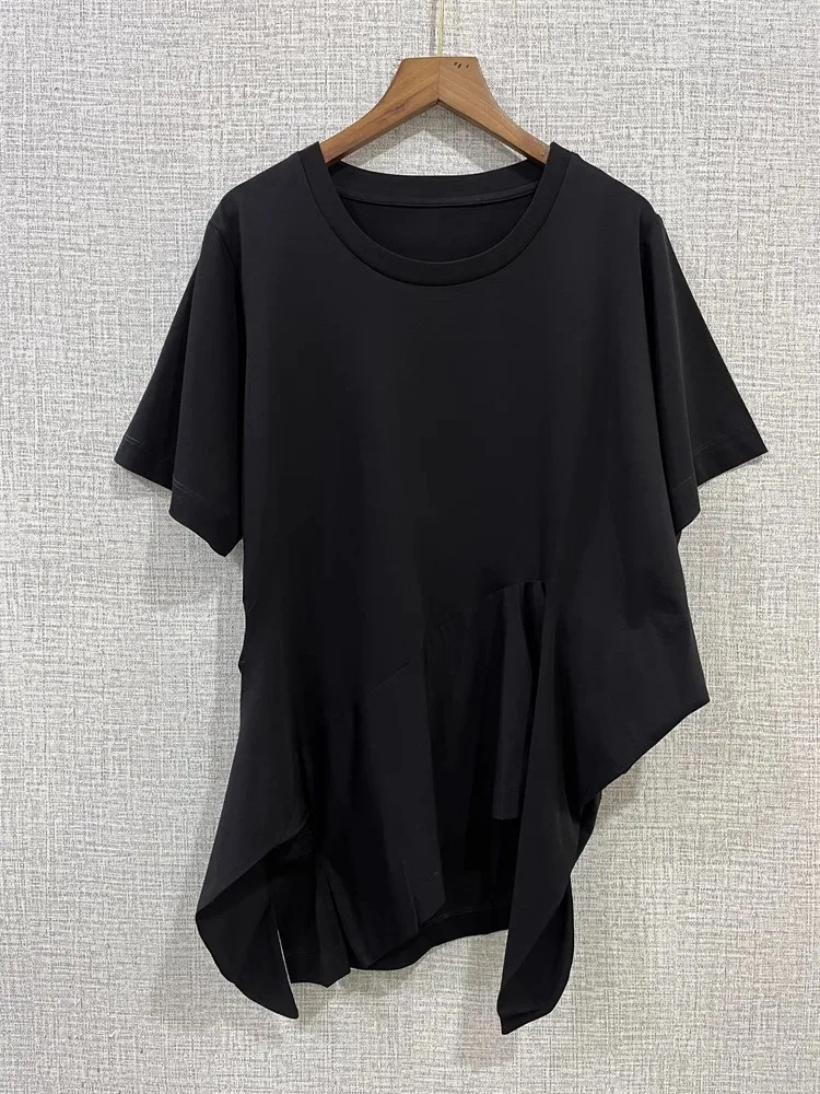 

T Shirt Women Leisure Solid Color Round Neck Short Sleeved Women's T-Shirt 100%Cotton Irregular Hem Pullover Top