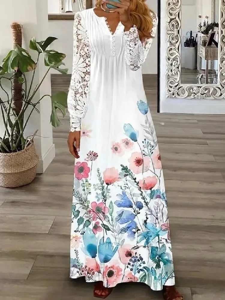 Wiosna/Lato Moda Damska Koronkowe Sukienki z Długim Rękawem Elegancka Kobieta Biały Dekolt V Slim Fit Impreza Długa Maxi Vestidos 3XL