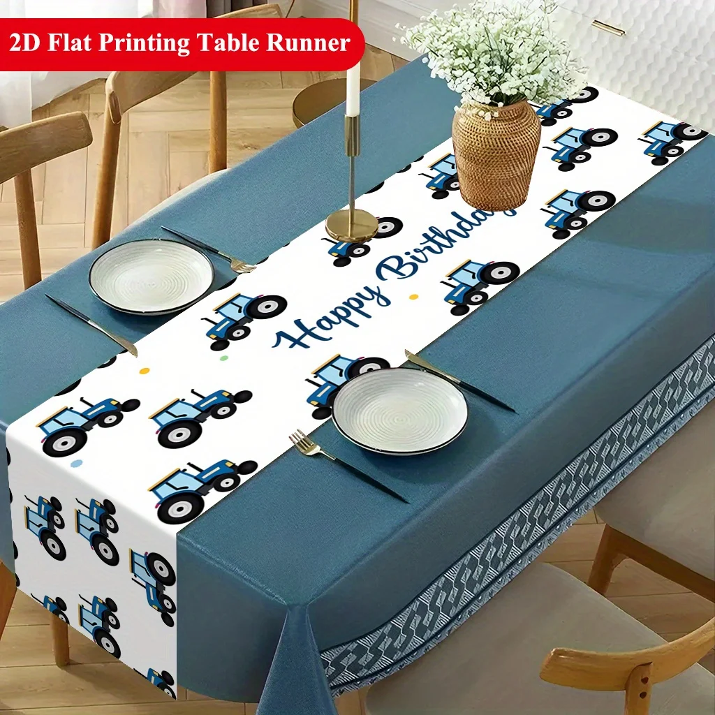 Tractor Birthday Table Runner - 1PC Card Design Easy Clean Dining Coffee Table TV Stand Holiday Party Cover
