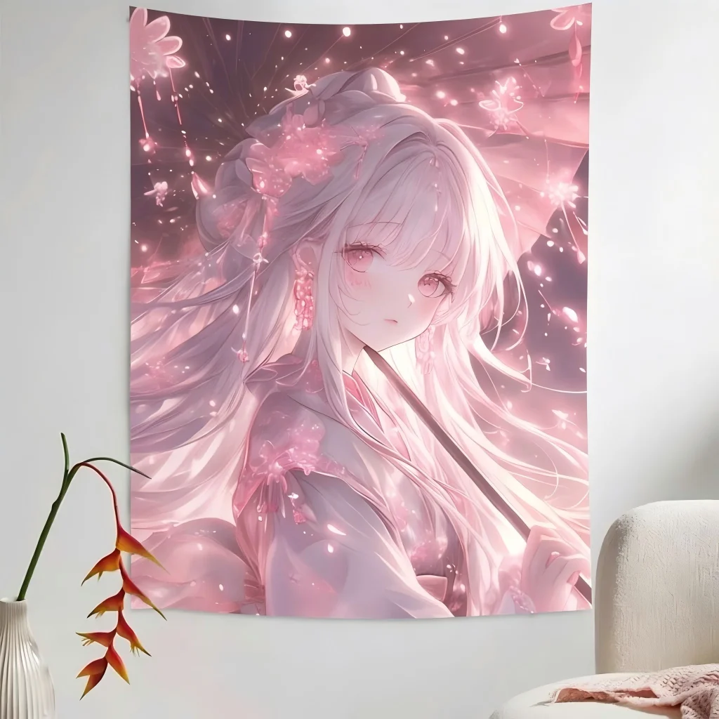 1pc Pink Anime Girl Kimono Umbrella Tapestry Cherry Blossom Fireflies Print Wall Hanging Japanese Style Decor for Bedroom Dorm