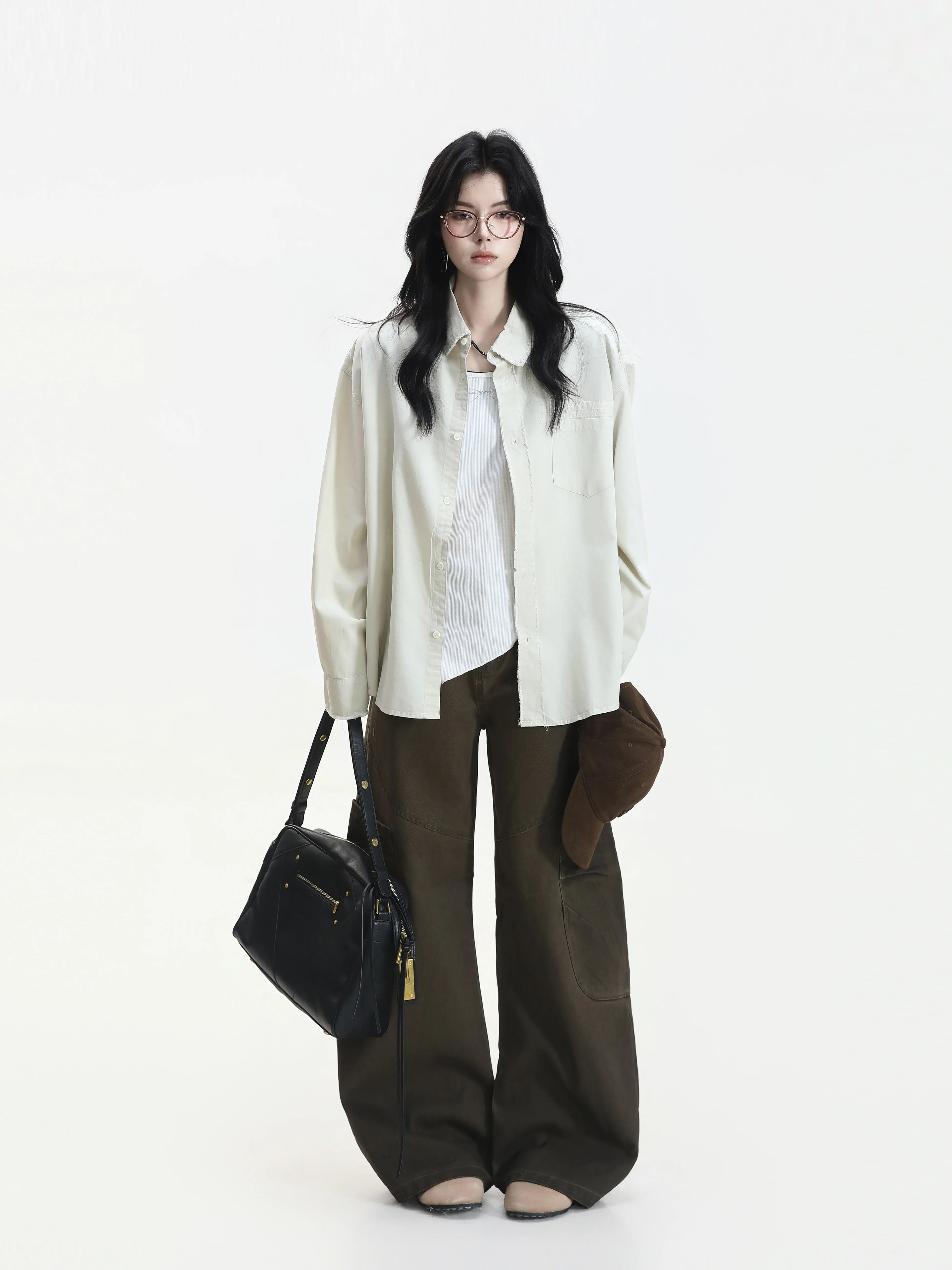 Loose Fit Vintage Long Sleeve Shirt Basic Style Turn-down Collar Relaxed Feel Neutral Style Outerwear Autumn Cotton Lyocell B...