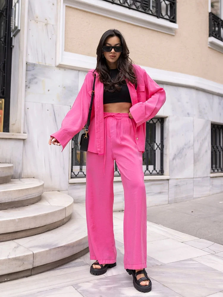 Straße Lose Feste Hemd Hosen Zwei Stück Set Frühling Frauen Revers Lange Ärmel Hemd + Hohe Taille Kordelzug Gerade Hose outfit