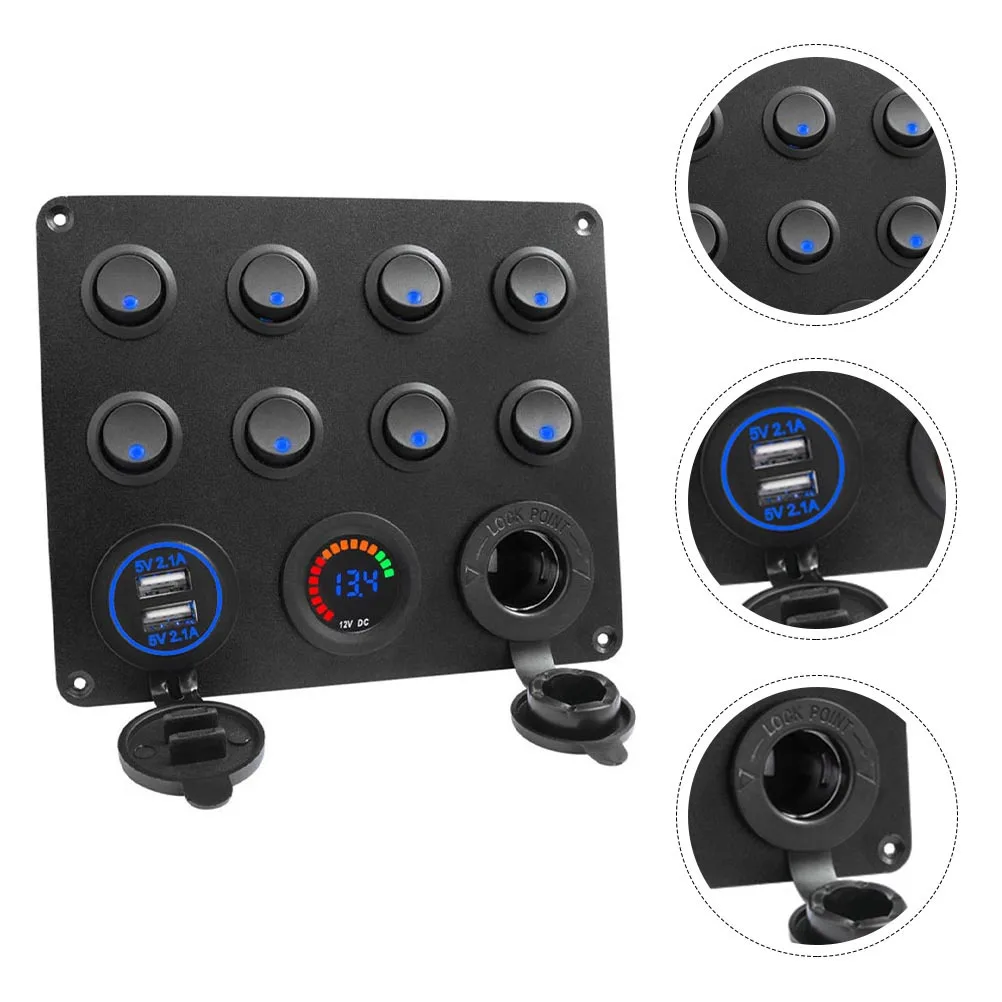 Switch Panel 8 Gang Voltmeter Combination Control Dual USB Ports Car Lighter Socket PBT ABS Aluminum Rubber 12V 24V