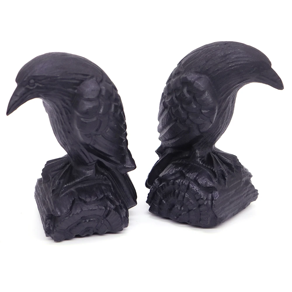 

60mm Raven Statue Matte Black Obsidian Natural Healing Stone Crystals Carving Feng Shui Animal Figurine Halloween Home Decor