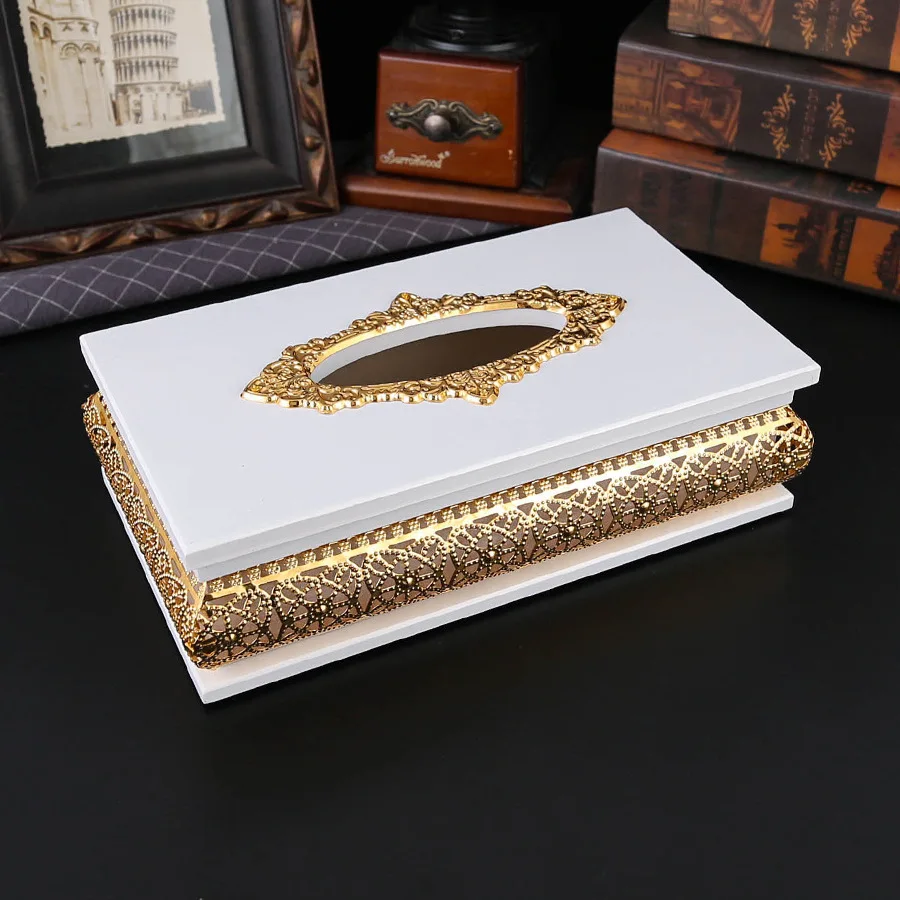 

Vintage Wood Square Facial Tissue Paper Box Luxury Metal Long Tissue Box Holder for Bedroom Dresser Nightstand and End Table