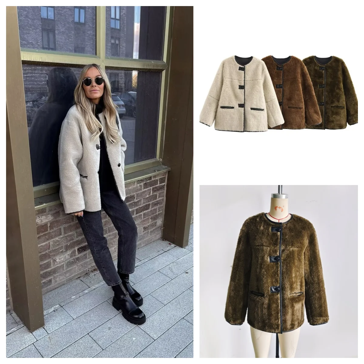 

European and American style new round neck three-button niche design loose casual fur jacket