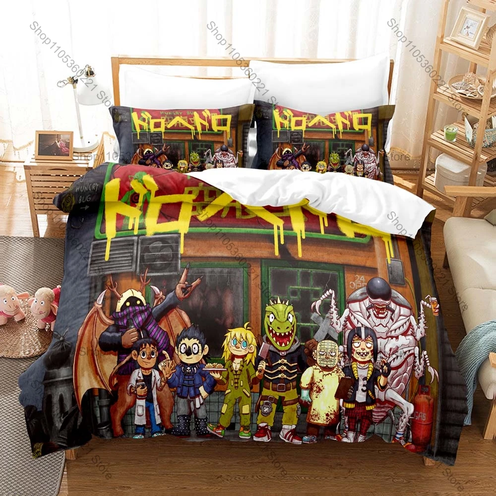Cool Hungry Bug Neon Light Sign Cyberpunk Night City Street Collage Bedding Duvet Cover + 2 Pillowcases Edgerunners Game Home De
