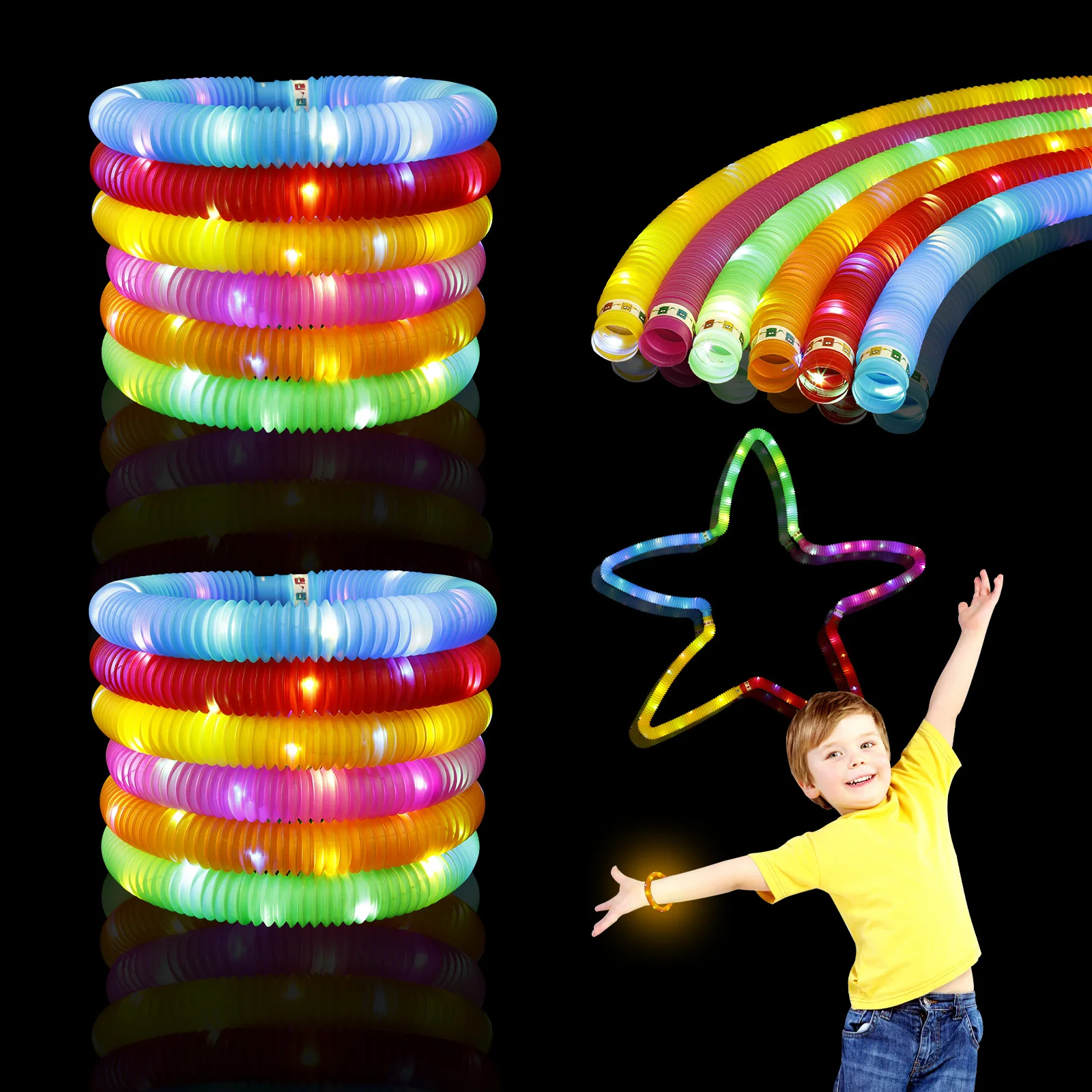 

24pcs Glow Sticks Party Favors for Kids LED Light up Pop Tubes Neon Necklaces Bracelets Glow Birthday Wedding Dance Party Decor