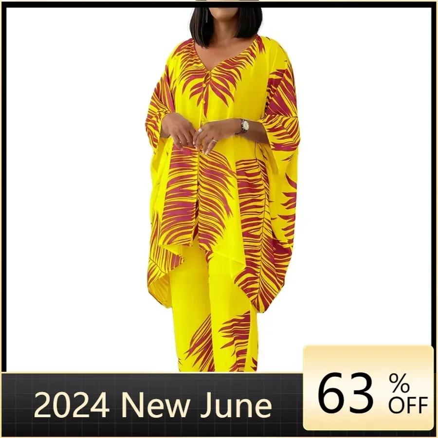 

2 Piece African Clothes for Women Summer Fashion Polyester Print White Yellow Top Long Pant Matching Sets Traditional Outfits