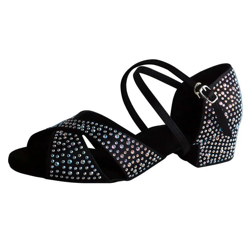 Sapatos de dança latina strass personalizados para mulheres, salão de baile, sandálias de dança feminina, sapatos pretos brilhantes para meninas, senhoras