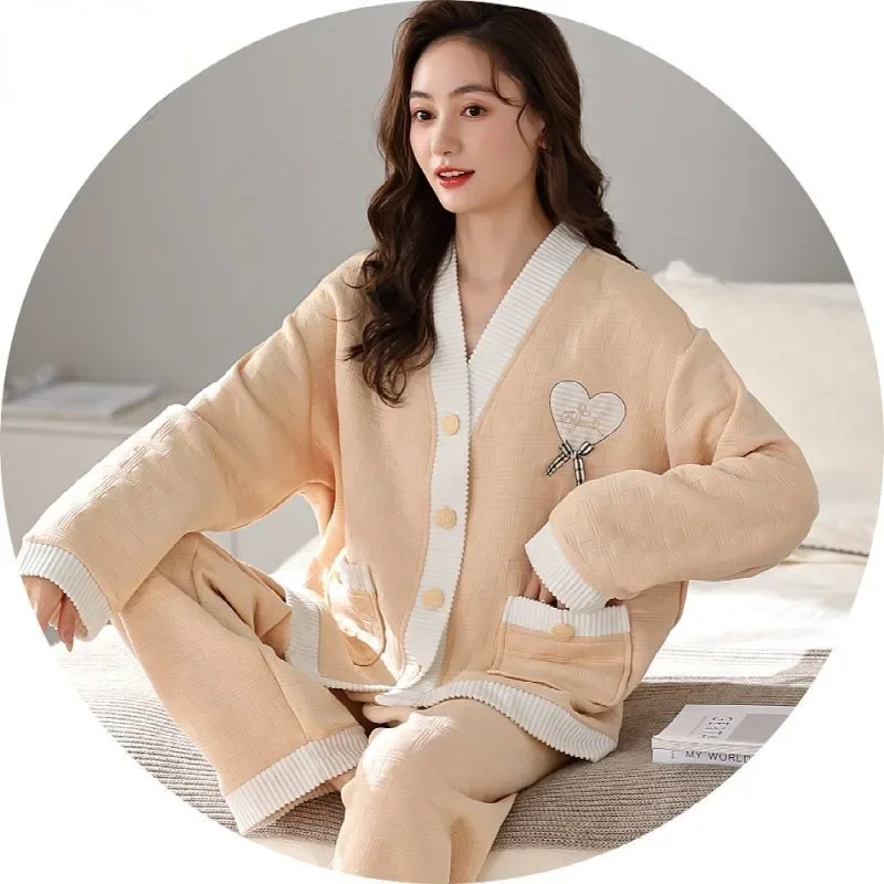 

2024 Sandwich Pajamas Women Quilted Cardigan Sleepwear Autumn Winter V-neck Loungewear Young and Middle-aged Thicken Homewear