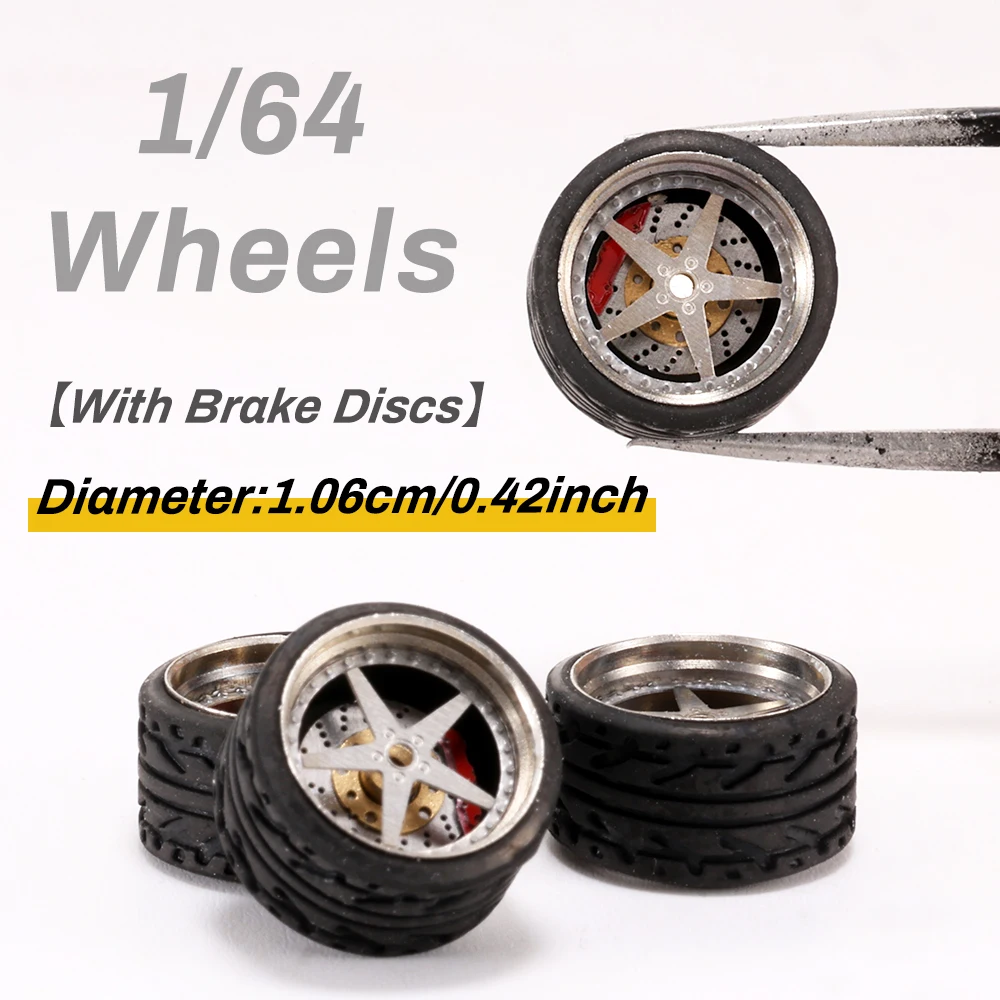 

Kicarmod 1/64 серебряные модели колес диаметром: 10,6 мм для модели автомобиля, набор деталей из сплава, детали с резиновыми шинами, тормозной диск