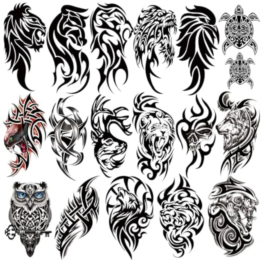

77 Sheets Temporary Tattoo, 17 Sheets Half Arm Black Tribal Lion Owl Wolf Turtle Deer Fake Body Arm Tattoos for Adults Men Wome
