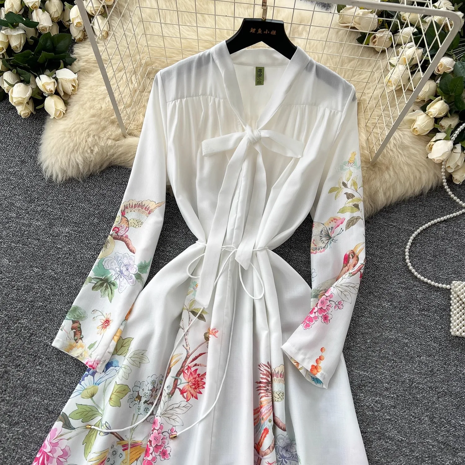 2025 Spring Summer Runway Long Sleeve Maxi Dress Women's Bow V-Neck Floral Print Belt Lace Up A-Line Party Robes Vestidos
