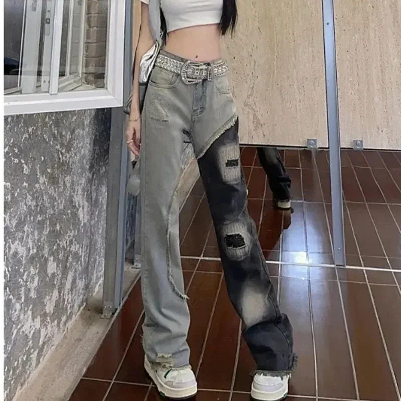 Jeans strappati da donna Pantaloni in denim a vita alta per donna con fori Pantaloni Splicing Unico all'ingrosso chic ed elegante Vintage Z