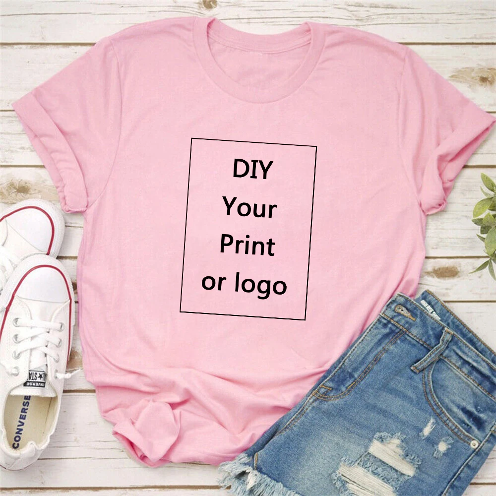 Camiseta de ocio con impresión personalizada para mujer, camiseta con foto o logotipo personalizable, camiseta rosa y blanca para mujer