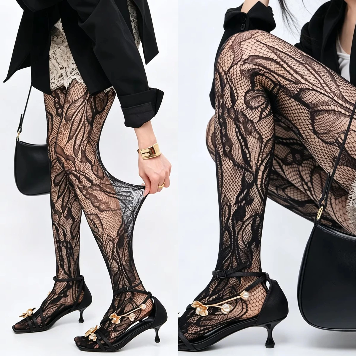 2 Pairs Sexy Floral Tights Summer Jacquard Floral Rattan Hollowed Out Lace Mesh Pantyhose Women Fishnet Tights Fashion Hosiery