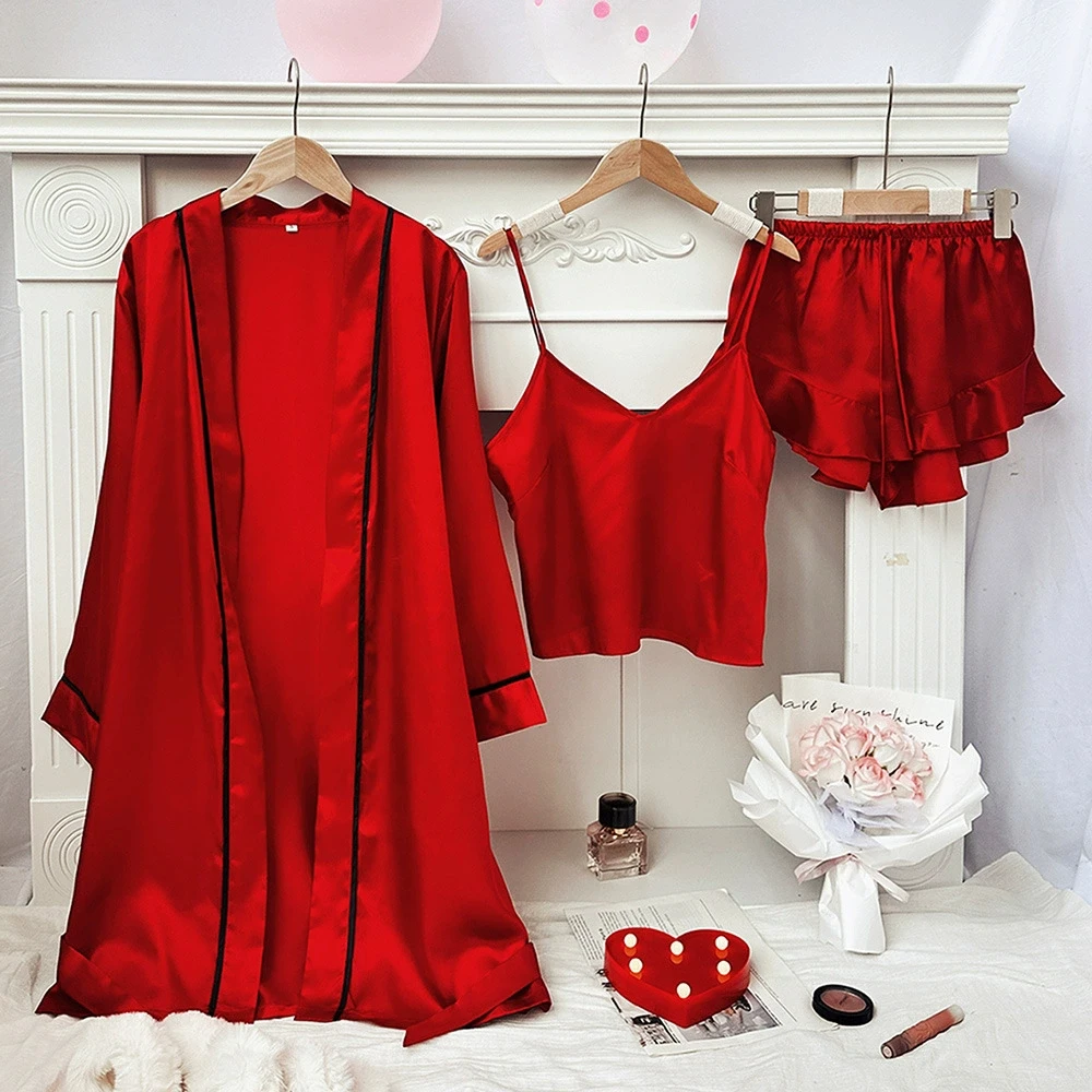 

Silky Satin Pajamas 3PCS Robe+Sling Top+Shorts Suit Women Solid Home Clothes Loose Sleepwear Pyjamas Outfit Sexy Nightgown