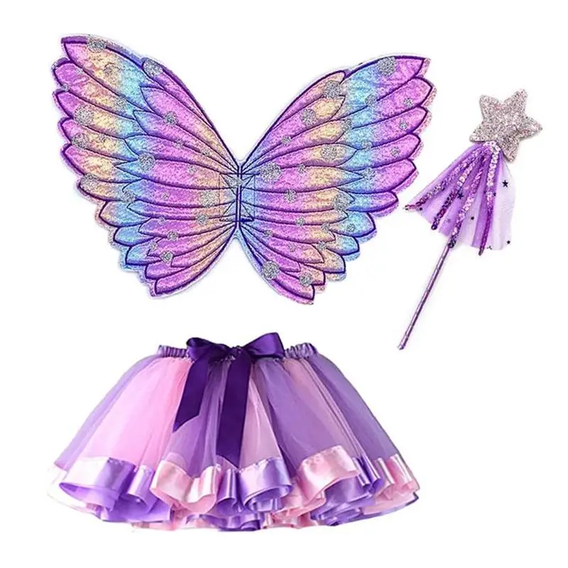 

3Pcs Christmas Halloween Girls Princess Fairy Costume Set with Butterfly Wings Dress Wand for Kids Dress Up Party