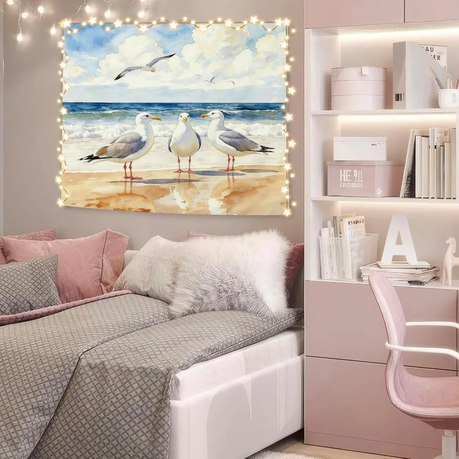 Coastal Beach Seagull Family Wall Tapestry Watercolor Ocean Nautical Home Decor Abstract Coastal Art Hanging Print Wall Decor