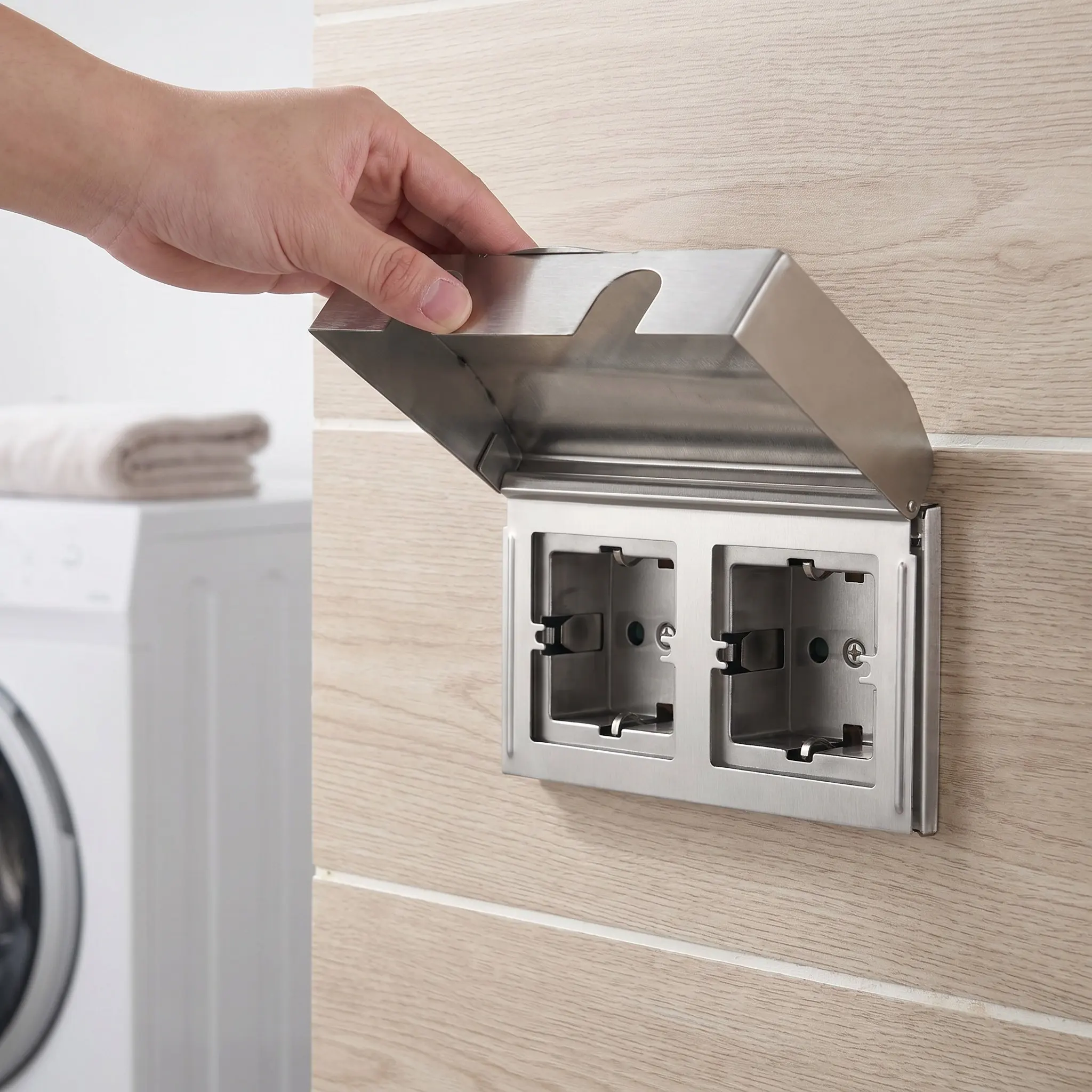 Stainless Steel 2 Gang Waterproof Outlet Protector Flip Cover Wall Socket Panel Box Bathroom Kitchen Splash Proof Electrical