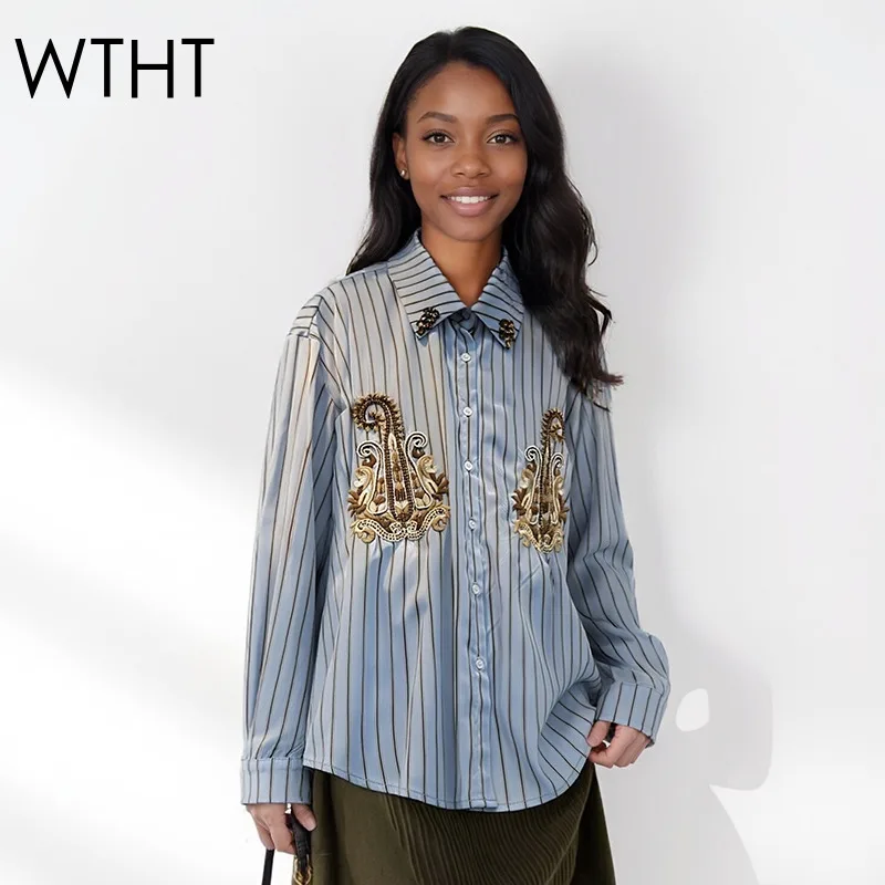 

WTHT New Trendy Women's Embroidery Design Striped Shirt 2026 Spring Fashion Loose Long Sleeves Blouse Female 1LS2848