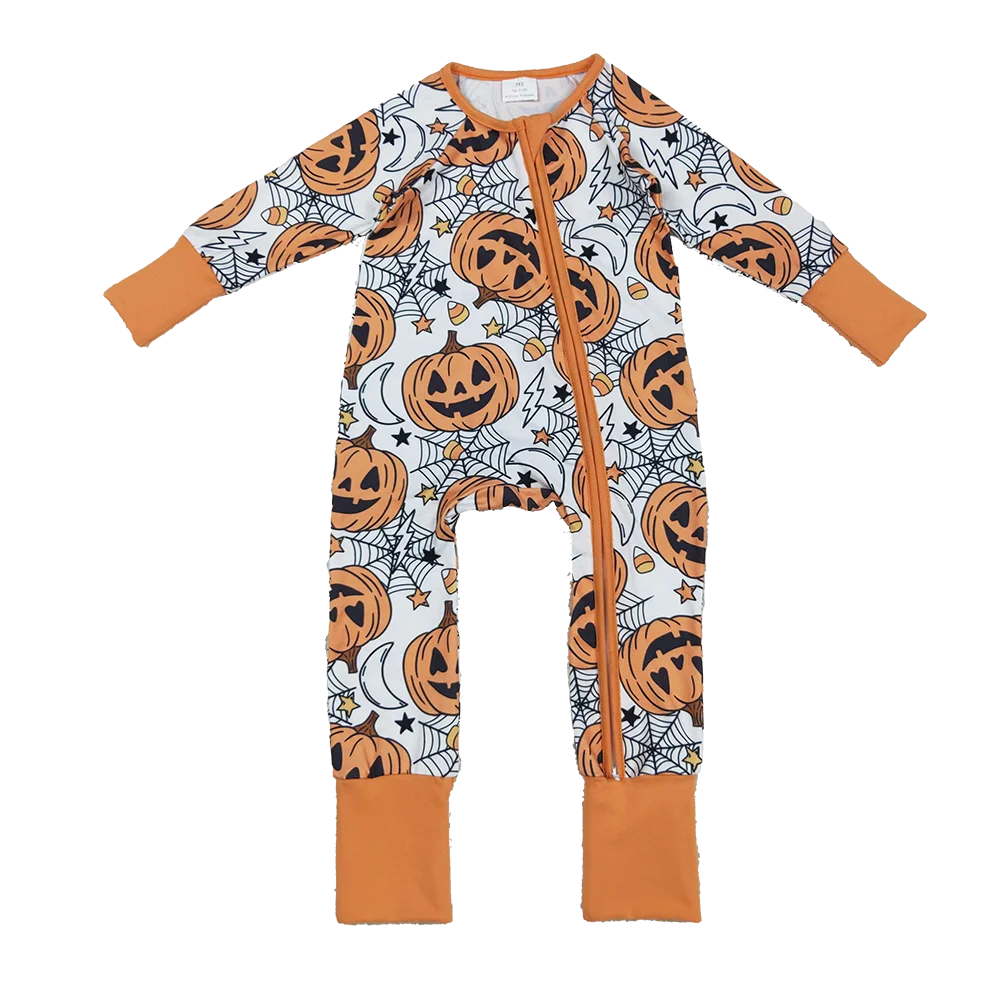 

8.27 Baby Winter Rompers Baby Boys Spider Web Pumpkins Halloween Zipper Footie Rompers