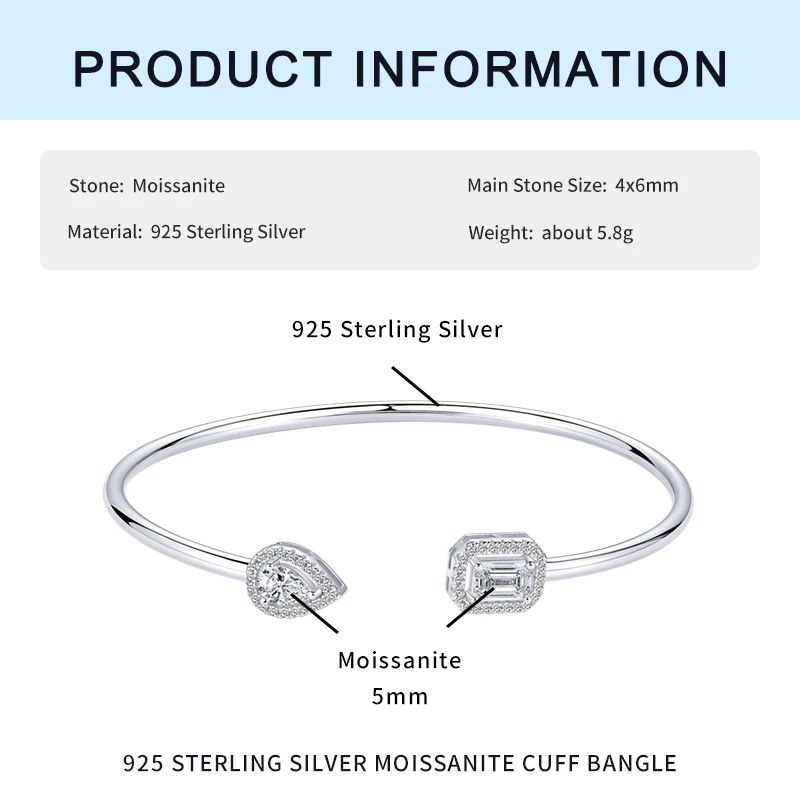 Pear Cut Emerald Cut D1.30CT Full Moissanite Open Cuff Bangle 925 Sterling Silver Bracelet for Women Jewelry Gift Valentine Day