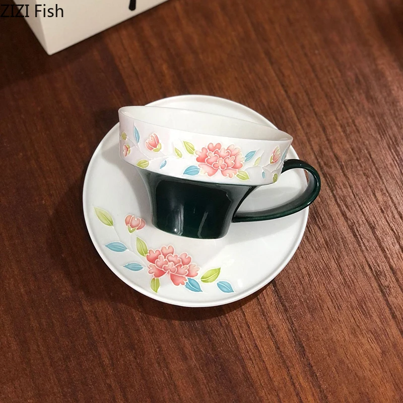 

Peony Flower Pattern Ceramic Cup&saucer Dining Table Coffee Mug Milk Tea Mugs Afternoon Tea Teacup Fruit Juice Container