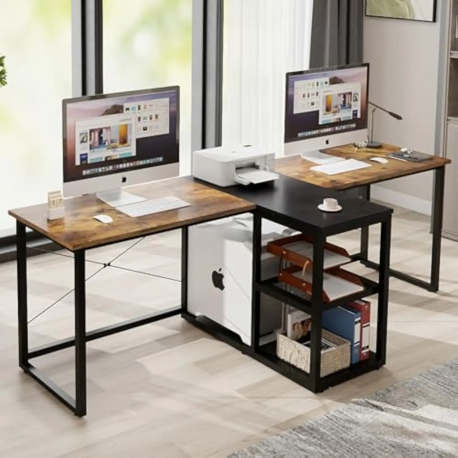 

Natwind Two Person Desk with Storage Shelves, 92.5" Double Computer Desk with PC case Stand for Home Office, Home Craft Table W