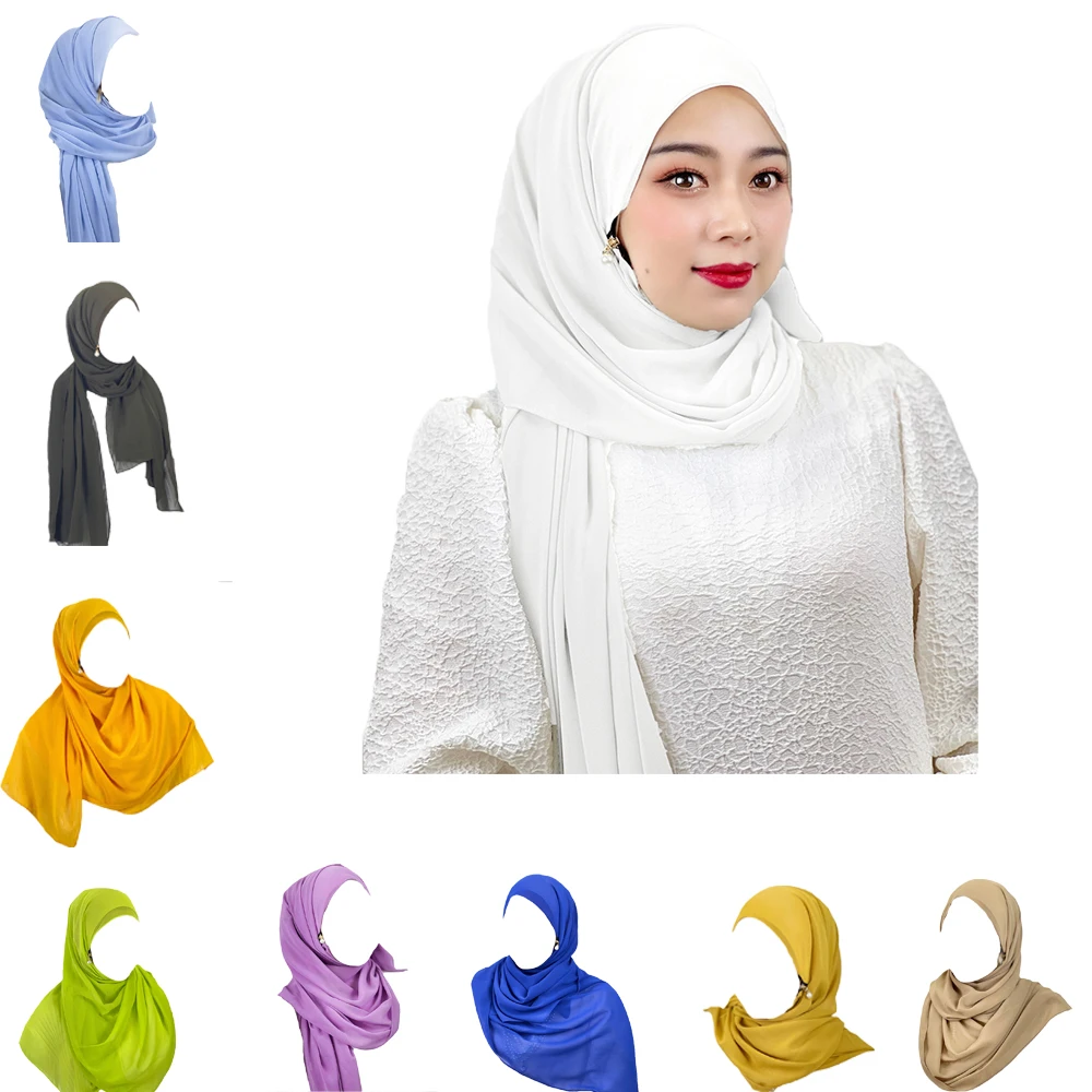 

Multi-Color Solid Scarf Pearl Zipper Chiffon Women Scarf Islamic Amira Scarves Muslim Hijab Instant Headscarf Shawl Wrap Turban