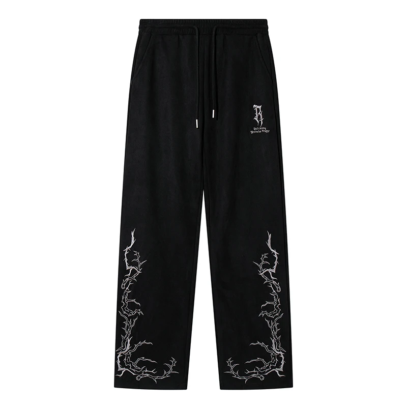 

Autumn Mens Streetwear Wide Leg Sweatpants Embroidered Branch Pattern Loose Fit Joggers Casual Trousers Drawstring Waist Pants