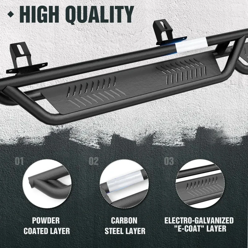 Running Boards (Wheel to Wheel, 2-Stairs Drop Side Steps) for 2020-2025  Gladiator JT 4 Door, Rock Sliders Rail