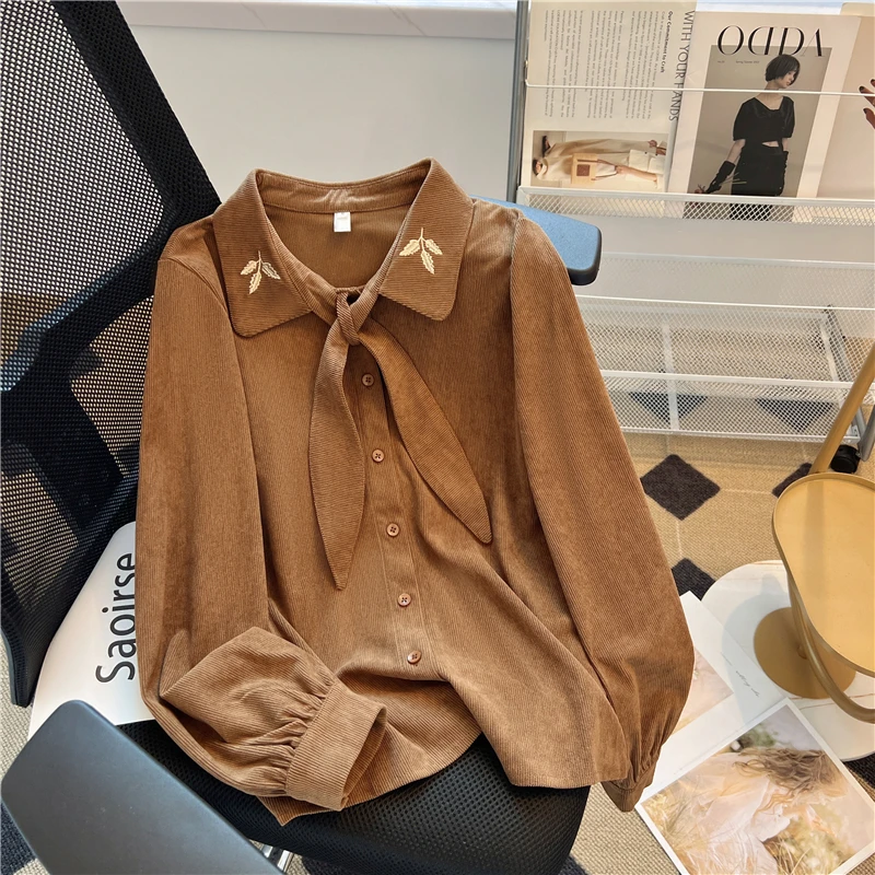 

Модная вельветовая женская рубашка с вышивкой, верхняя одежда с узлом-бабочкой и поясом, осенне-зимний дизайн, универсальный топ TT156