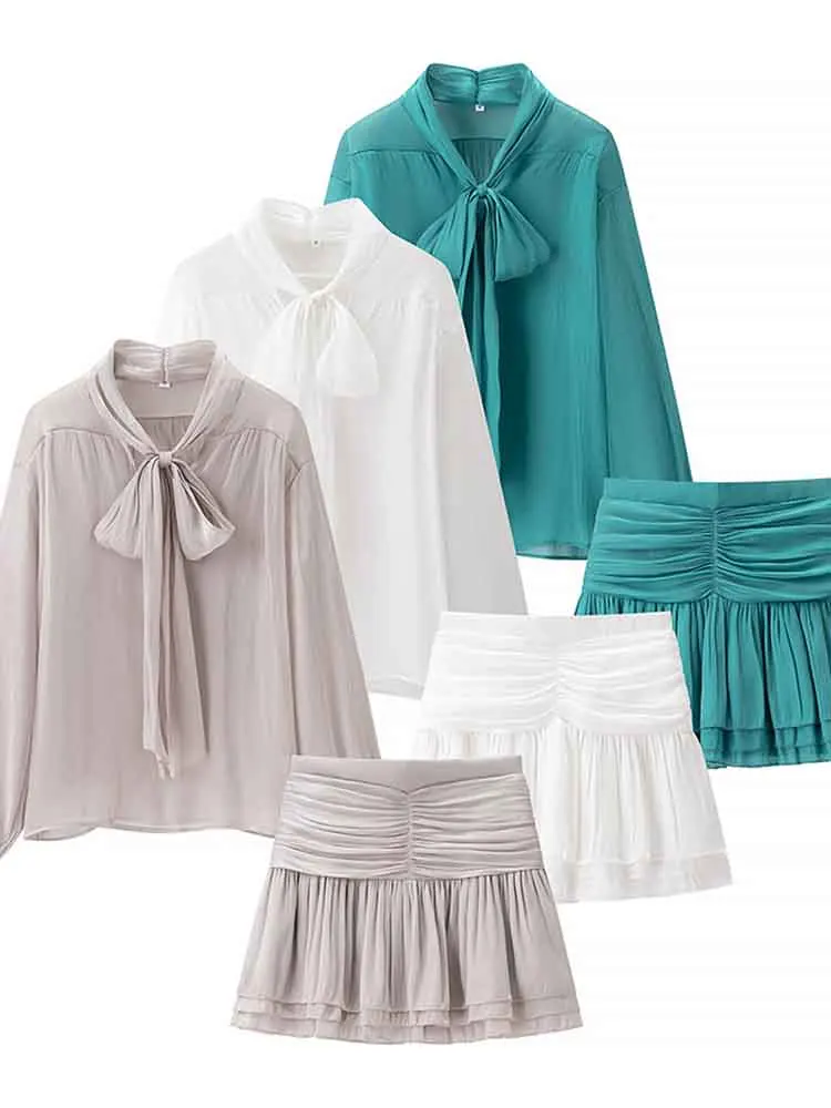 

European style women's clothing new fashion versatile temperament simple bow long-sleeved shirt slim short skirt suit