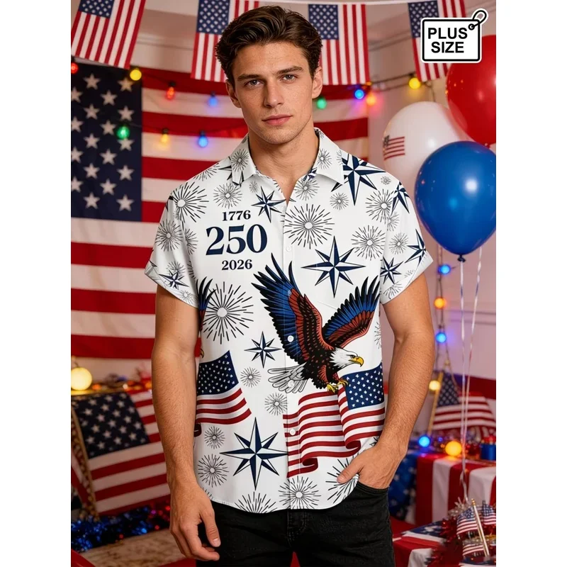 Men Plus Size Patriotic Eagle Print Hawaiian Shirt 1776 2026 Short Sleeve Button Down American Freedom 250 Years Top