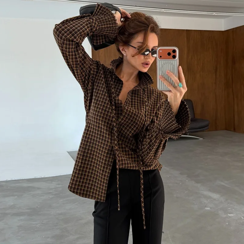 FRAYA LAB Women Brown Plaid Lapel Collar Drawstring Long Sleeve Shirt Vintage Loose Fit Fall Winter 2026 New Casual Chic Top Fun
