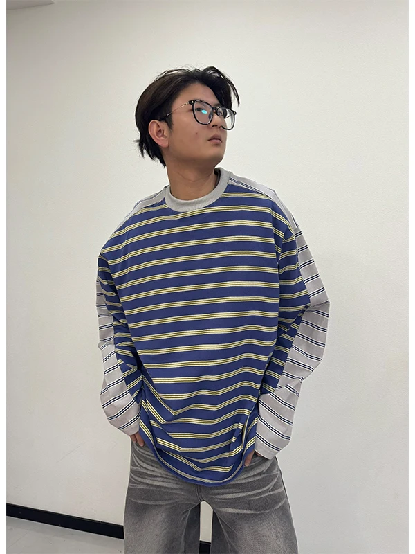 

Мужская винтажная футболка TANGZ Studio с длинным рукавом, свободного кроя, в полоску, многослойная, универсальная, повседневная, из смесового хлопка и полиэстера