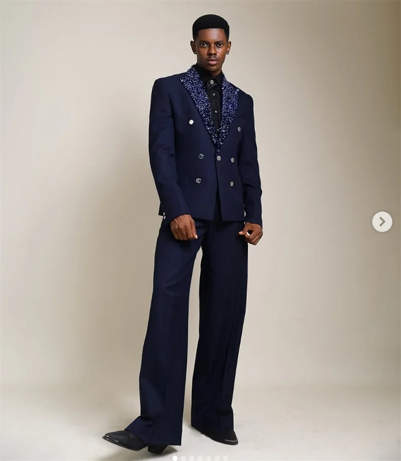 

Navy Blue Men Suit Set 2 Pieces Blazer+Pants Trousers Luxury Stone Formal Office Cotton Coat Wedding Tuxedo Customized Jacket