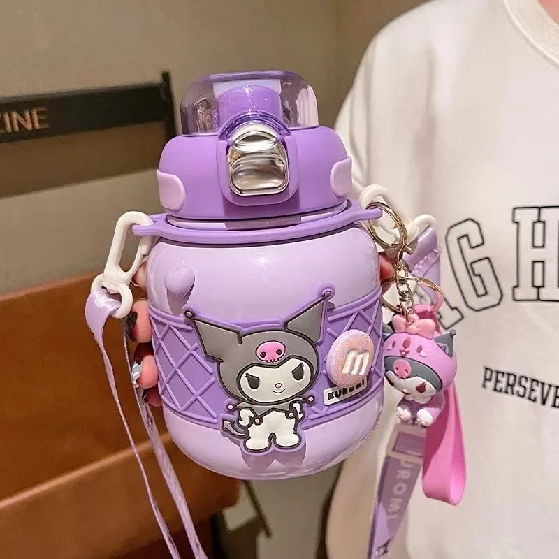 Sanrio Kuromi Melody Cute Doll Water Cup Student Sports Kettle Convenient Chubby Double Drink Straw Thermos Bottle Kids