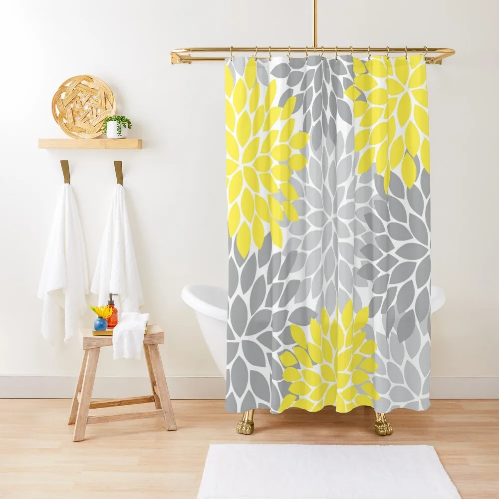 Yellow Gray Flower Burst Petals Pattern Shower Curtain Bathroom Accessory Shower Bathroom Curtain